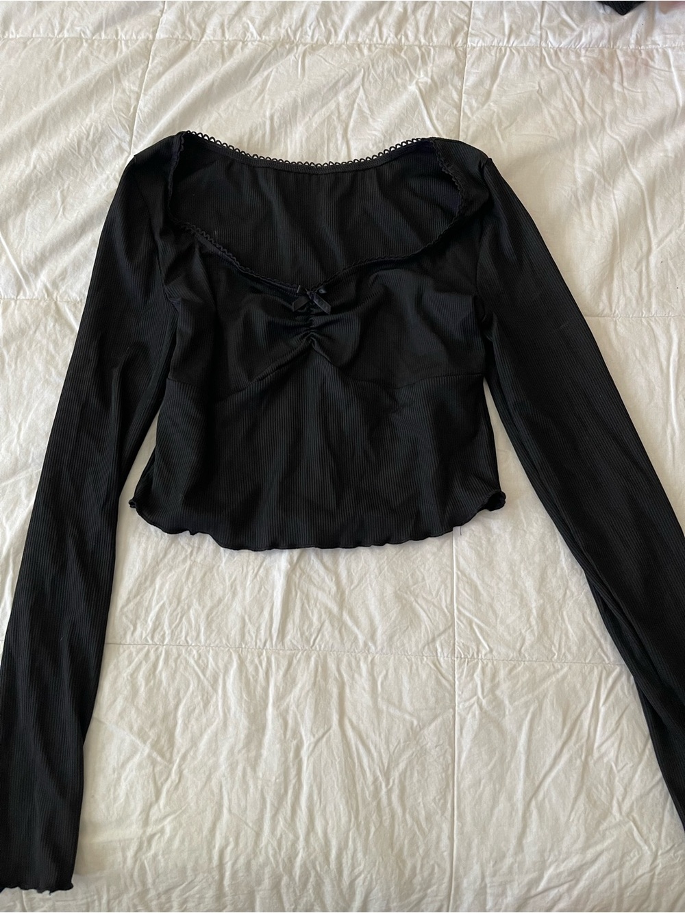 Black Long-Sleeve Scoop Neck Ribbed Top with Bow Detail